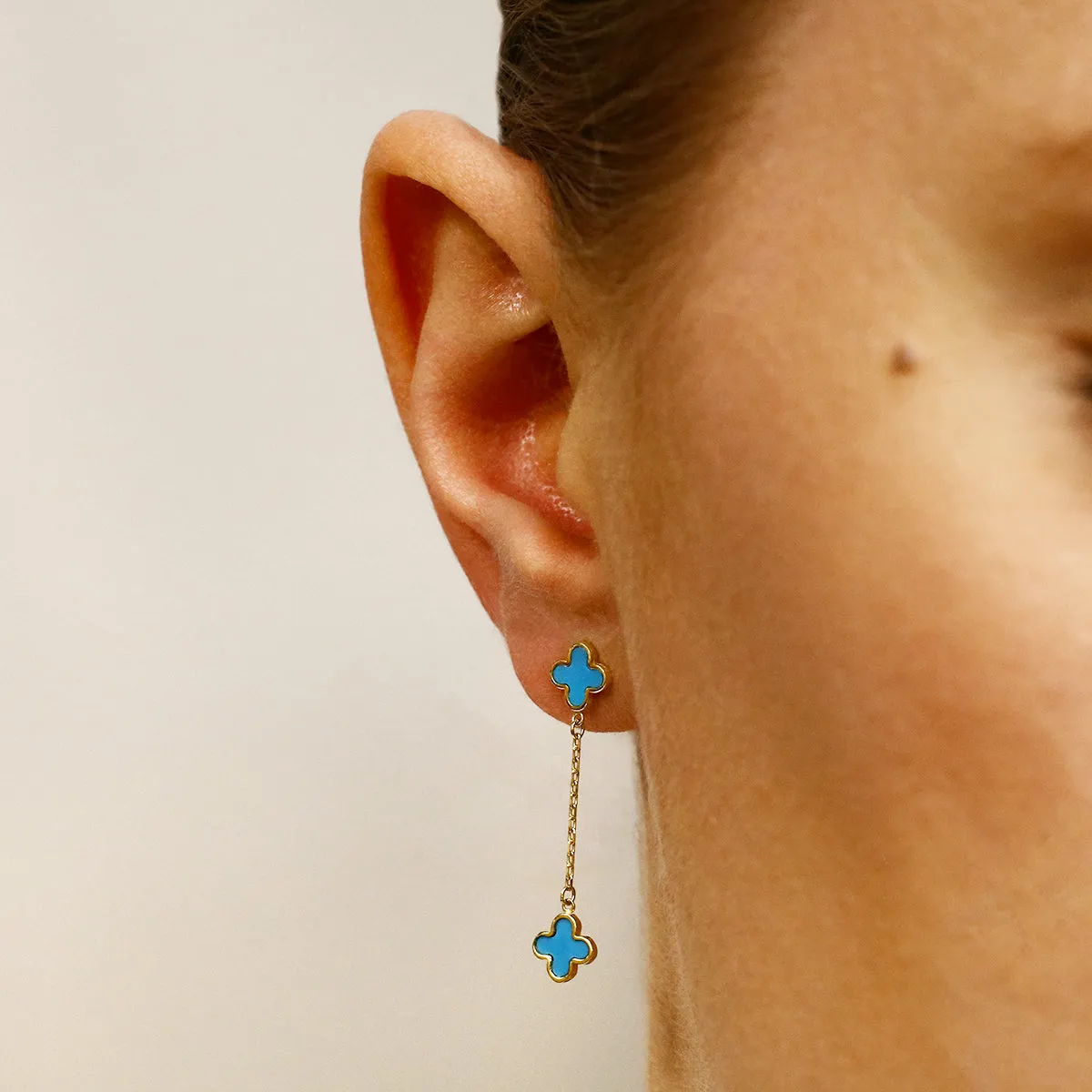 Soleil Collection Synthetic Turquoise Quatrefoil Petal Drop Earrings | 9K Solid Yellow Gold