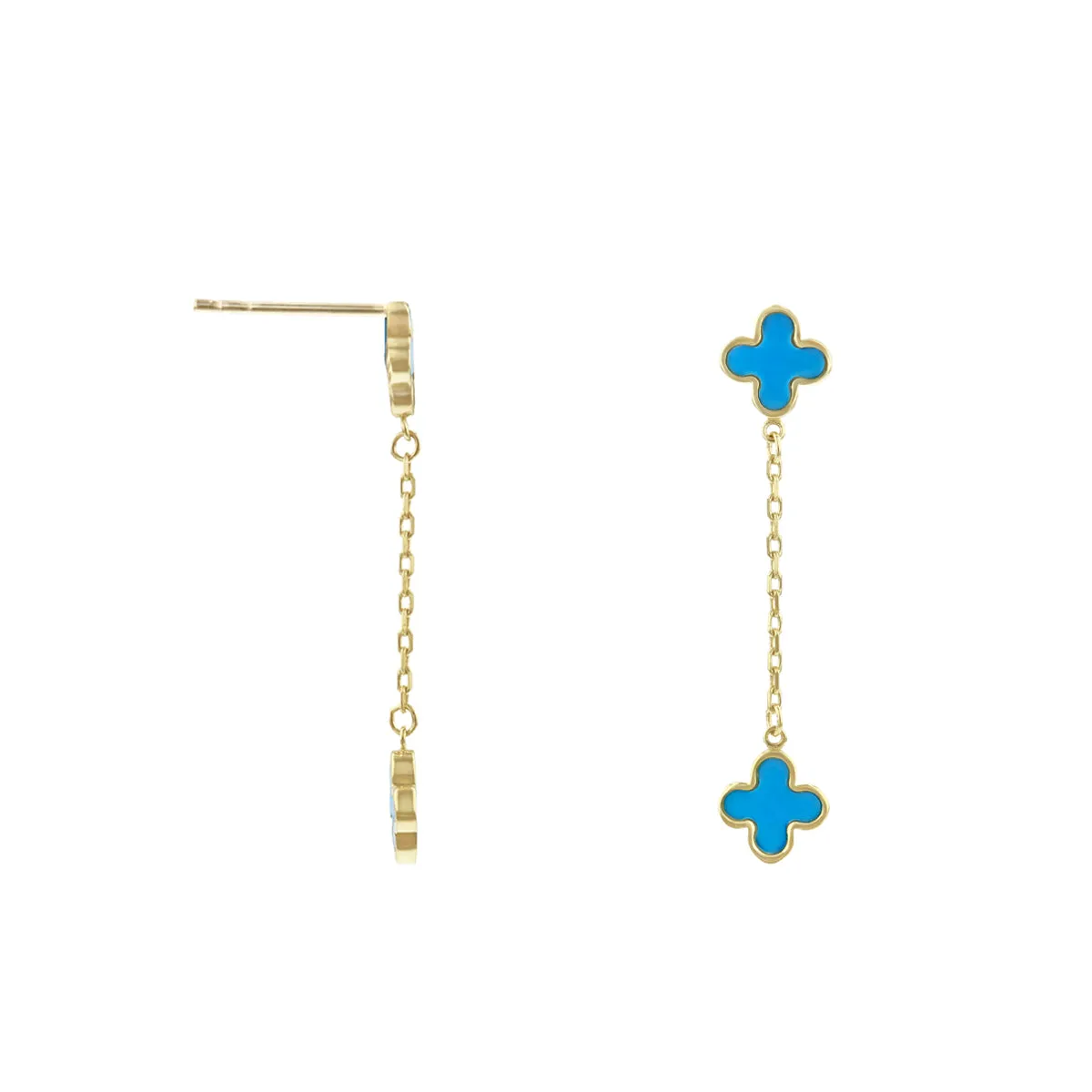 Soleil Collection Synthetic Turquoise Quatrefoil Petal Drop Earrings | 9K Solid Yellow Gold