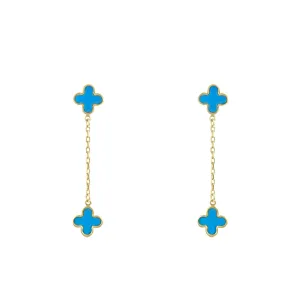 Soleil Collection Synthetic Turquoise Quatrefoil Petal Drop Earrings | 9K Solid Yellow Gold