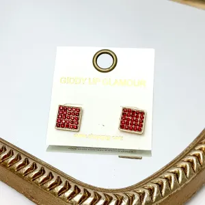 Square Maroon Crystal Stud Earrings in Gold Tone