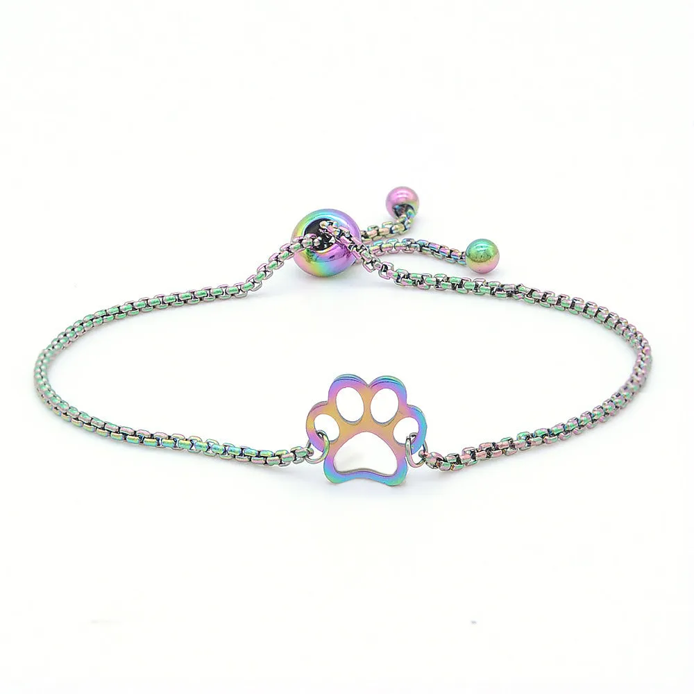 Stainless Steel Rainbow Colorful Dog Paw Charm Bracelets