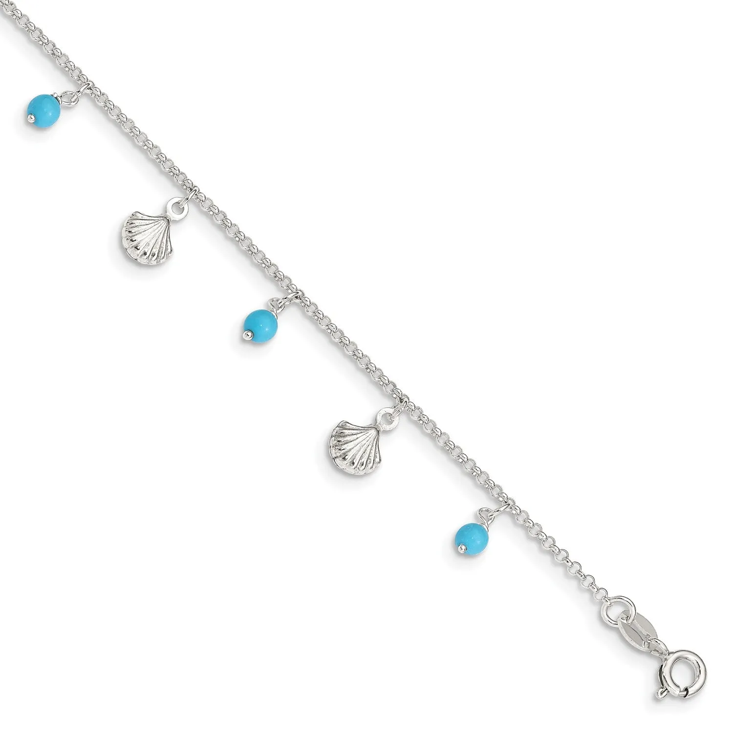 Sterling Silver 10-inch Beach Shell & Bead Anklet