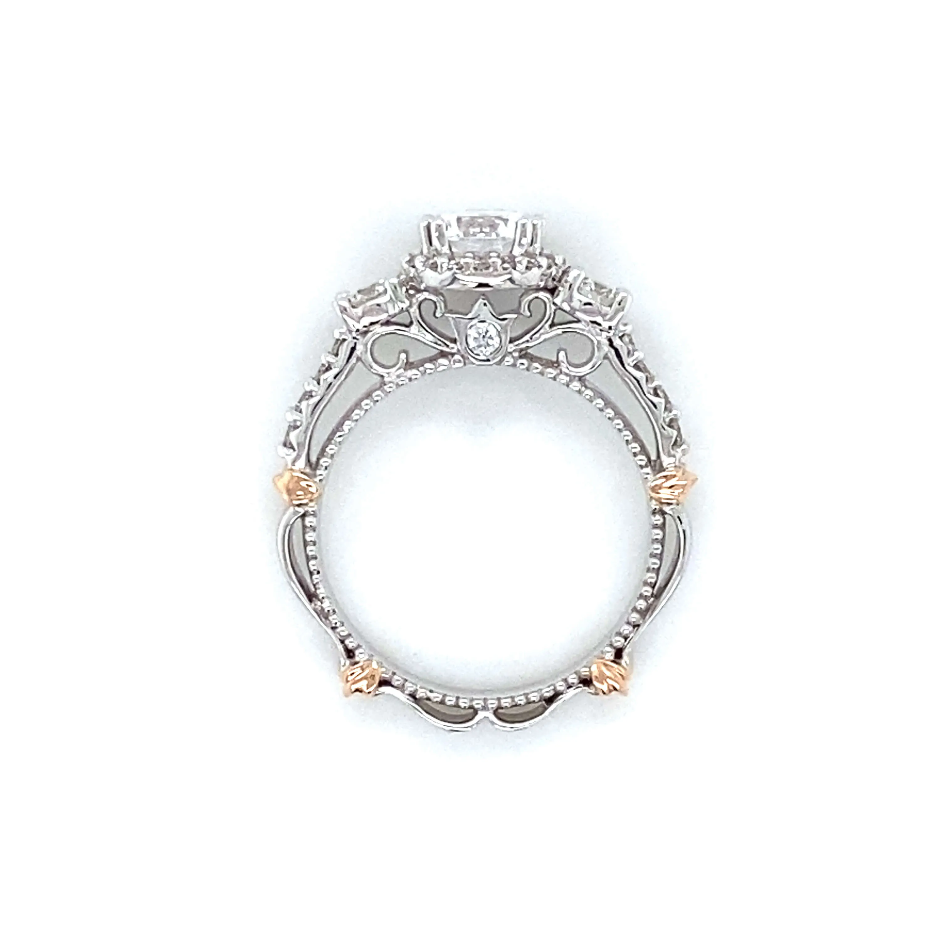 Verragio Three Stone Halo Pave Engagement Ring in 14K White & Rose Gold