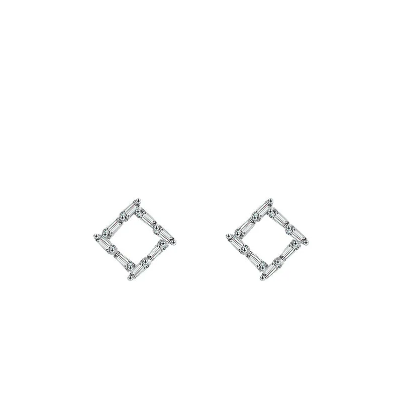 Versatile Fashion Sterling Silver Square Stud Earrings with Zircon for Women