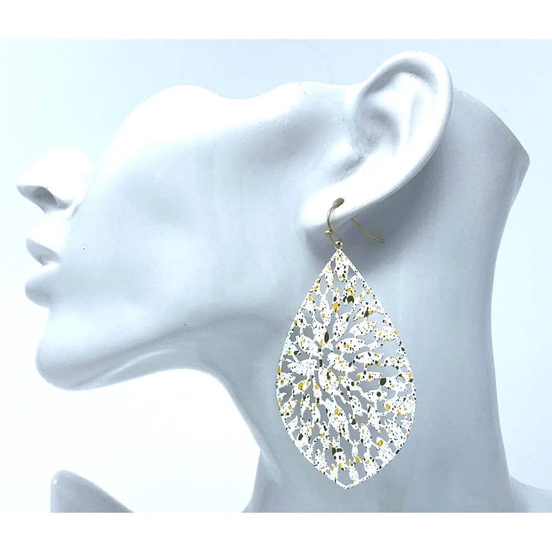 White Filigree Metal Teardrop Statement Earrings