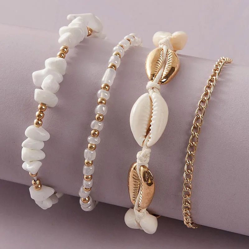 White Small Gravel Beach Shell Rice Beads Braided Anklet